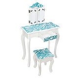 Ynredee Kids Vanity Set,Vanity Table and Chair with Three-Fold Mirror,Single-Drawing Curved Foot Children Dressing Table with Drawer (Blue and White) Ynredee