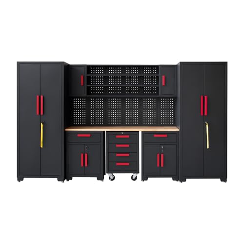 HPDMC Garage Storage Cabinet System 9-Pcs Workshop Set Garage Cabinets and Storage System with Steel Cabinet Drawers, Rolling Chest, Workbench, Pegboard for Garage Tool Organization, Black and Red HPDMC