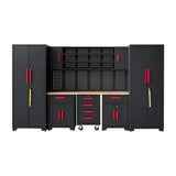 HPDMC Garage Storage Cabinet System 9-Pcs Workshop Set Garage Cabinets and Storage System with Steel Cabinet Drawers, Rolling Chest, Workbench, Pegboard for Garage Tool Organization, Black and Red HPDMC