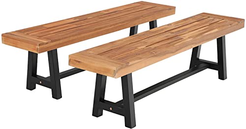 PHI VILLA 63" Acacia Wood Backless Picnic Bench Set – Durable Outdoor Dining Benches for 6 People, Classic Brown and Black - WoodArtSupply