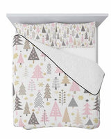 Christmas Pink Tree Quilt Full Queen Bedding Set, Contemporary Minimalist Grey Lightweight Summer Quilt with Pillow Shams 3 Pieces Microfiber Soft Quilt Set Bedspread Coverlet for All Seasons Onekaccu
