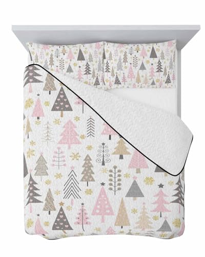Christmas Pink Tree Quilt Full Queen Bedding Set, Contemporary Minimalist Grey Lightweight Summer Quilt with Pillow Shams 3 Pieces Microfiber Soft Quilt Set Bedspread Coverlet for All Seasons Onekaccu