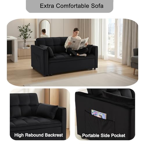 DQlVrillka Loveseat Sleeper Sofa, 3 in 1 Convertible Sofa Bed, Adjustable Backrest Comfy Pull Out Couch, Modern Upholstered Sofa for Living Room Bedroom Apartment Small Space (Black) DQlVrillka