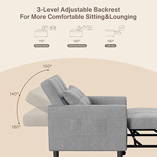 Noelse Sleeper Sofa Chair Bed, Convertible Sofa Chair 3-in-1, Adjustable Sleeper Chair Pullout Sofa Bed with Modern Linen Fabric for Living Room Apartment Small Space, Grey - WoodArtSupply