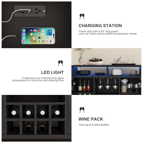 Fluted Home Bar Wine Cabinet with LED Light, Charging Station, Wine Rack - Buffet Cabinet with Storage, Coffee Bar Table, Stylish Fluted Credenza Cabinet for Modern Home Kitchen 47.2" Black Svimi