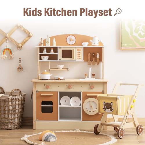 ROBUD Wooden Play Kitchen for Kids Toddlers, Kids Kitchen Playset with Realistic Accessories, Toy Kitchen Set with Plenty of Play Features, Modern Style Toy Kitchen for Girls & Boys, 3+, Caramel ROBUD