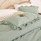 JANZAA Twin Comforter Set Sage Green Comforter Set 2PCS Ruffled and 1 Pillow Case Fluffy Vintage Farmhouse Shabby Chic Bedding Soft All Season JANZAA