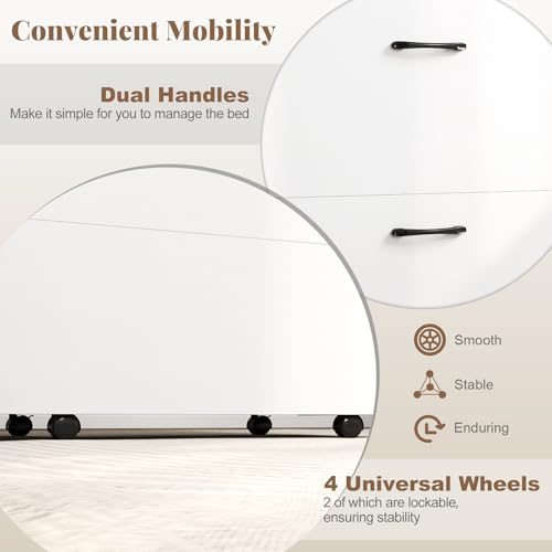 KOMFOTT Murphy Bed Cabinet, Rolling Folding Bed into Cabinet with Mattress & Lockable Wheels, Folding Bed Frame for Small Space, Roll Away Pull Out Murphy Bed for Guest Room Office (White) KOMFOTT