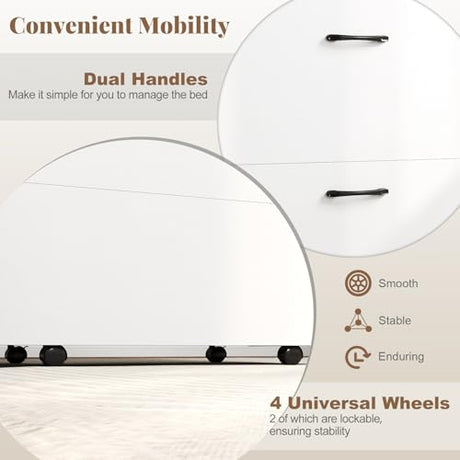 KOMFOTT Murphy Bed Cabinet, Rolling Folding Bed into Cabinet with Mattress & Lockable Wheels, Folding Bed Frame for Small Space, Roll Away Pull Out Murphy Bed for Guest Room Office (White) KOMFOTT