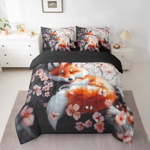 Feelyou Fox Comforter Set with Sheets Queen Size Kids Japanese Cherry Blossoms 7 Pieces Bedding Set for Boys Girls Teens Cute Cartoon Fox Bed in a Bag Woodland Fox Bed Set Nature Wildlife Feelyou