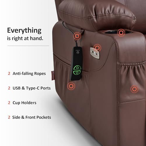 MCombo Large Power Lift Recliner Chair with Massage and Heat for Tall Elderly People, 3 Positions, Cup Holders, and USB Ports, Faux Leather 7516 (Large, Light Brown)