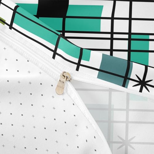Retro Atomic Comforter Cover White Turqoise Black Bed Set, Geometric Lines Stripes Duvet Cover Queen Size Mid Century Minimalist Bedding Sets, Fifties Old Fashion Bedspread Cover Microfiber 3pcs Erosebridal