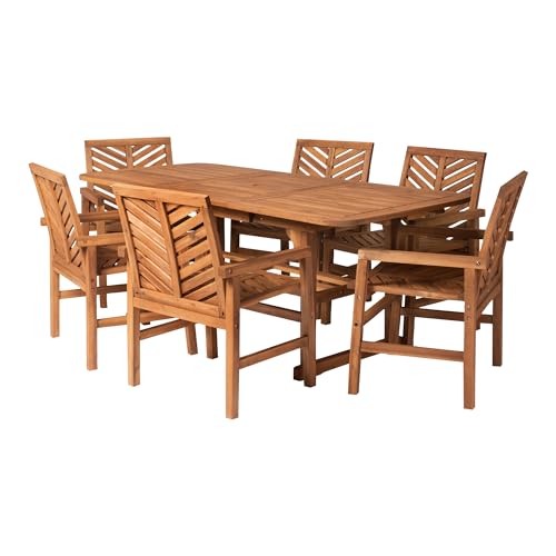 Walker Edison AZW7TXVINBR 6 Person Outdoor Wood Chevron Patio Furniture Dining Set Extendable Table Chairs All Weather Backyard Conversation Garden Poolside Balcony, 7 Piece, Brown - WoodArtSupply