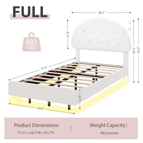 Decofy Cookie Full Upholstered Bed Frame with LED Lights, Floating Bed Frames with Adjustable Headboard and Raised Footboard for Princess/Prince Bedroom, Teddy Velvet（White） Decofy