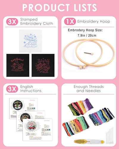TINDTOP Christmas Embroidery Kit for Adult Beginners, 3 Sets Embroidery Stitch Practice kit Include Embroidery Cloth Hoops Threads for Craft Lover Hand Stitch TINDTOP