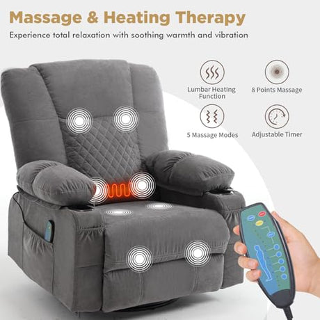 Overstuffed Fabric Swivel Rocker Recliner with Massage and Heat,360° Recliner Chair Rocking Glider Chair with Cup Holder for Adult,Grey Comermax