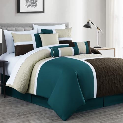 Chezmoi Collection Upland 7-Piece Quilted Patchwork Comforter Set, Teal/Beige/Brown, King Chezmoi Collection