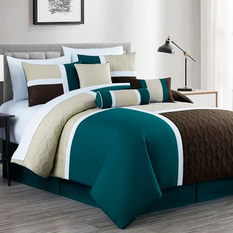 Chezmoi Collection Upland 7-Piece Quilted Patchwork Comforter Set, Teal/Beige/Brown, King Chezmoi Collection