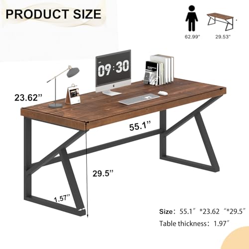 IBF Natural Real Wood Computer Desk, Rustic Writing Study Table for Student, Solid Wooden and Metal Gaming Home Office Desk, Farmhouse Industrial Modern Executive Work Desk Workstation, Brown, 55 Inch IBF