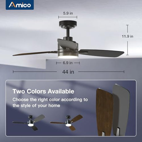 Amico Ceiling Fans with Lights, 44 inch Ceiling Fan with Light and Remote Control, Reversible, 3CCT, Dimmable, Noiseless, Small Black Ceiling Fan for Bedroom, Indoor/Outdoor Use Amico