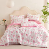 Jolusere Pink Bow Comforter Set Queen Size Pink Floral Comforter for Girls Kids Romantic Princess Style Bowknot Bedding Set Ultra Soft Reversible Garden Flower Comforter Sets with 2 Pillowcases 3Pcs Jolusere