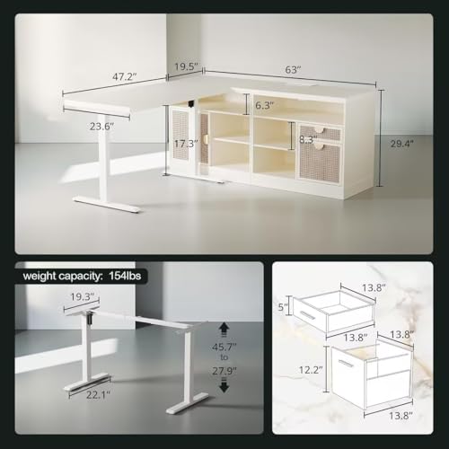 ModernMate 67" L Shaped Standing Desk with Drawers and File Cabinet, AC/USB, 1.18" Desktop, Height Adjustable Wood Desk, Electric Desk with Multiple Functions for Home and Office, White Rattan ModernMate