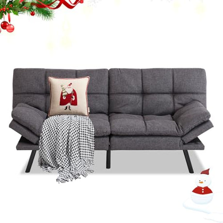 MUUEGM 71" Futon Sofa Bed, Convertible Couch Filled with Memory Foam, Modern Loveseat with Adjustable Backrest&Armrest, Sofas for Living Room,Game Room,Dormitory,Office.Grey Fabric MUUEGM