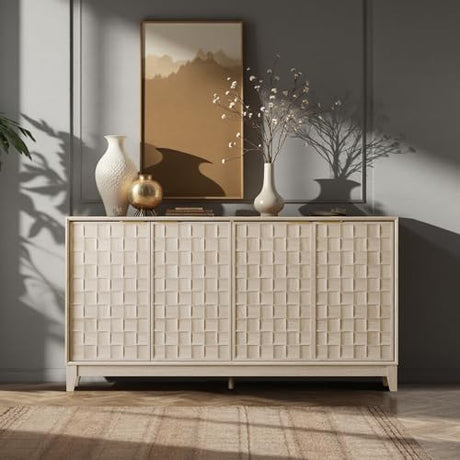 COLAMY Fluted Sideboard Cabinet with Storage – Solid Wood Buffet for Dining Room, Credenza Console with Adjustable Shelves, Walnut Finish, Mid Century Modern Style,Oak White COLAMY