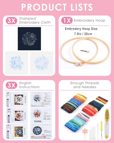 TINDTOP 3 Sets Embroidery Kit for Adults, Floral Embroidery Practice Kit for Beginners Include Embroidery Cloth Hoops Threads for Craft Lover Hand Stitch with Embroidery Skill Techniques TINDTOP