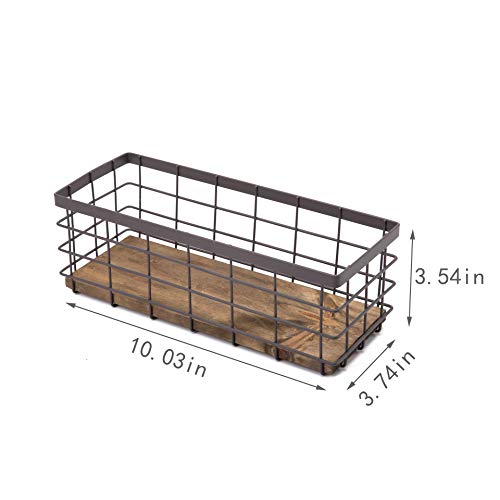 TIEYIPIN Small Metal Wire Storage Basket, Detachable Wood Base Storage Organizer Bin Basket for Kitchen Cabinets, Bathroom, Pantry, Garage, Laundry Room - Brown