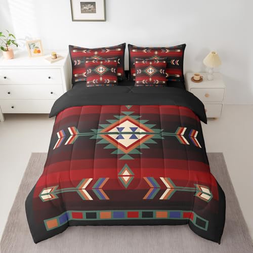Erosebridal Farmhouse Geometric King Comforter Set with Sheets 7 Piece Southwestern Tribal Bedding Set Vintage Western Aztec Bed in A Bag for Kids Adults Rustic Farmhouse Cabin Lodge Bed Set Erosebridal