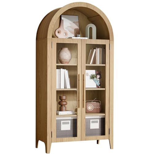 TRUNBACK 63" Arched Display Cabinet with Glass Doors, 5-Tier Curio Cabinet for Living Room, Adjustable Shelves for Dining Room & Home Office, Oak TRUNBACK