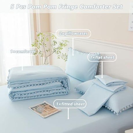 PERFEMET 5 Pieces Full Bed in A Bag Light Blue Pom Pom Bedding Set for Girls Boys Soft Fluffy Boho Solid Bedding Comforter Set with Sheets(Light Blue, Full) PERFEMET