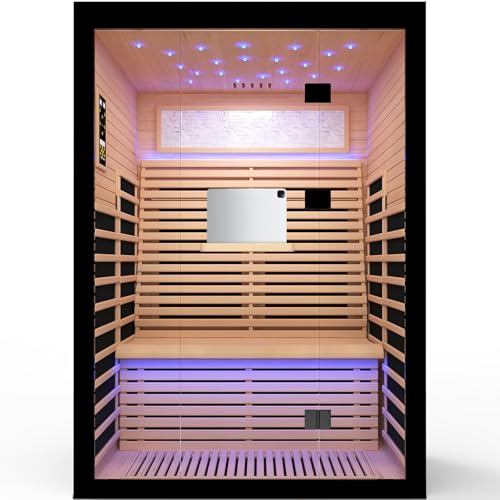 OUTEXER 2 Person Infrared Sauna Room Far Infrared Saunas Home Canadian Hemlock Indoor 2100W Low-EMF Dry Saunas with Oxygen Bar 7 Color Therapy 53.1 * 47.2 * 74.8inch OUTEXER