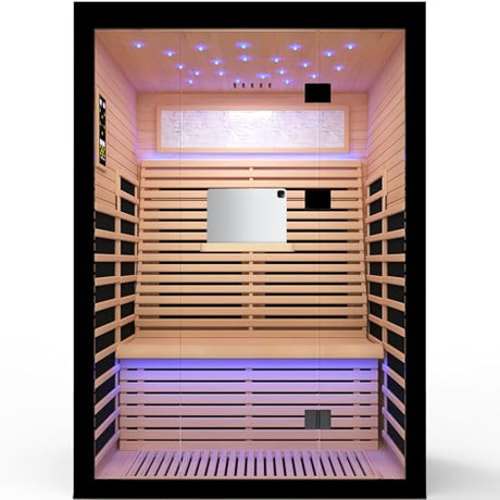 OUTEXER 2 Person Infrared Sauna Room Far Infrared Saunas Home Canadian Hemlock Indoor 2100W Low-EMF Dry Saunas with Oxygen Bar 7 Color Therapy 53.1 * 47.2 * 74.8inch OUTEXER
