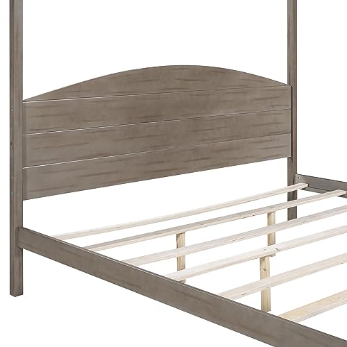 BOVZA King Size Canopy Bed, Wood 4-Post Canopy Platform Bed Frame with Headboard and Slat Support for Kids Teens Adults, Brown Wash