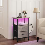 Vagusicc Night Stand Set 2, LED Nightstand with Charging Station, Bedside Table with USB Ports & Outlets, 24.2" Tall End Table with open Shelf, Bed Side Table with 2 Fabric Drawers for Bedroom, Greige Vagusicc
