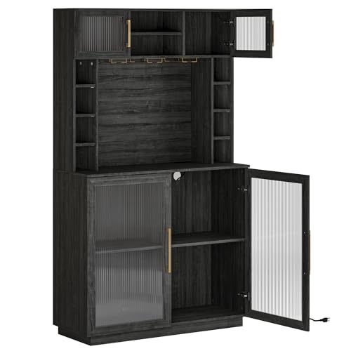 BELLEZE Coffee Wine Bar Cabinet with Power Outlet, 72" Rustic Liquor Cabinet, Tall Buffet Cabinet with Storage Kitchen Pantry Cupboard Wine& Glasses Rack Server with Hutch for Home Dining Room, Ebony BELLEZE