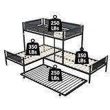 Livavege L-Shape Triple Bunk Bed with Trundle for 4 Kids/Teens/Adults, Metal Bunk Bed Twin Over Twin with Textilene Guardrail, Wood Slats, Low Bunkbed Frame for Dorm, Bedroom, Guest Room Livavege