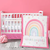 Hahafelt 3 Piece Rainbow Boho Crib Bedding Set for Girls Inspirational Quote Pink Baby Crib Bedding Set Standard Size Nursery Bedding Includes Fitted Crib Sheet,Comforter, Crib Skirt Hahafelt
