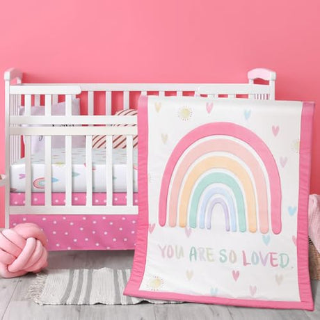 Hahafelt 3 Piece Rainbow Boho Crib Bedding Set for Girls Inspirational Quote Pink Baby Crib Bedding Set Standard Size Nursery Bedding Includes Fitted Crib Sheet,Comforter, Crib Skirt Hahafelt