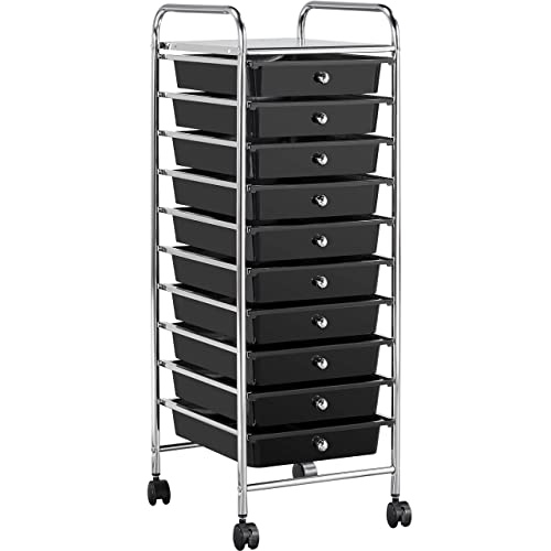 Yaheetech Rolling Cart Organizer Plastic Trolley with 10 Storage Drawers Utility Cart on Wheels Art Craft Organizer Ample Storage Space, Black - WoodArtSupply