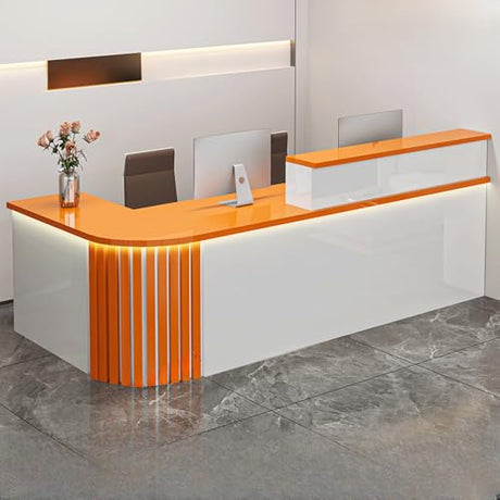 LITFAD L-Shape Computer Front Desk Manufactured Wood Reception Desk with Hutch, Cable Management and Keyboard Tray, Modern Checkout Counter for Office, Beauty Salon, Right Corner - White/Orange LITFAD