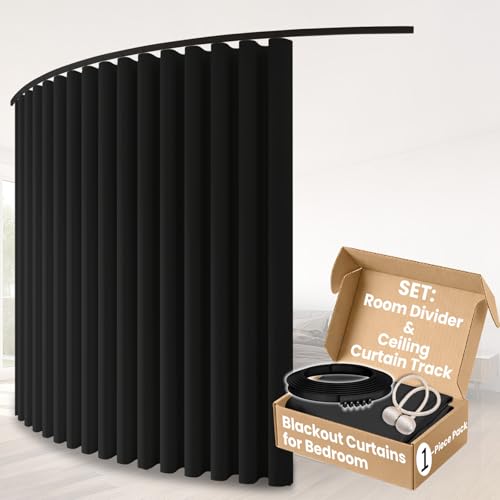 Sovtfides Blackout Curtains, Black 1 Panel W105 x L84in, with Ceiling Curtain Track Black 9.84ft, Thermal Insulated Sliding Door Room Divider Sovtfides