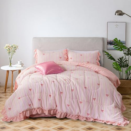 A Nice Night Rainbow Stripes & Bows Bedding Set,Ruffle 6 Piece Bed in a Bag Matching Sheet Set,Princess Style Chic Bow Printed,Light Pink Room Decor for Girls,Twin A Nice Night