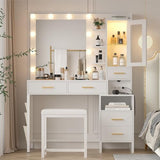 CSZZD Makeup Vanity Desk with Mirror and Lights, White Vanity Desk with Charging Station, LED Cabinet, 5 Drawers & Storage Bag, Vanity Mirror with Lights Desk and Chair, Vanity Table Set with Stool CSZZD