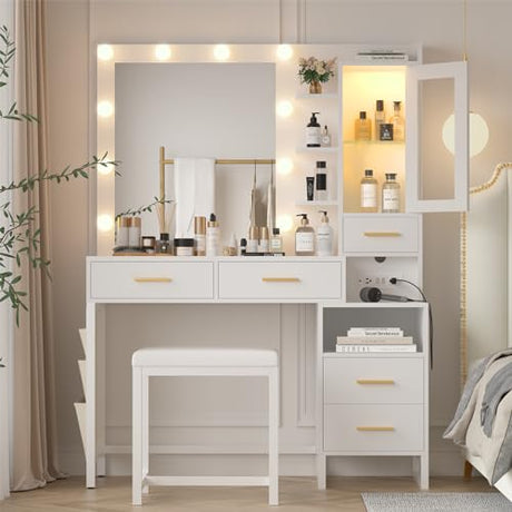 CSZZD Makeup Vanity Desk with Mirror and Lights, White Vanity Desk with Charging Station, LED Cabinet, 5 Drawers & Storage Bag, Vanity Mirror with Lights Desk and Chair, Vanity Table Set with Stool CSZZD