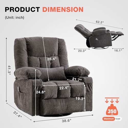 Swivel Rocker Recliner Chair with Vibration Massage and Heat Ergonomic Lounge Chair for Living Room with Rocking Function and Side Pocket, 2 Cup Holders, USB Charge Port