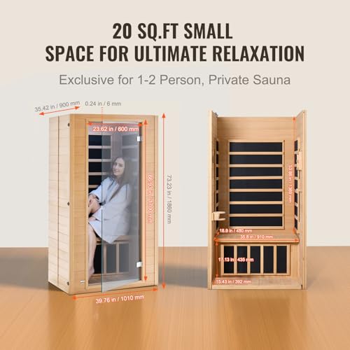 VEVOR 1 to 2 Person Far Infrared Wooden Sauna, Room Home Sauna Spa, Low EMF Far Infrared Hemlock Wood Sauna with Tempered Glass Door & Multicolor Lamp & Bluetooth Speakers & Chromotherapy Lights VEVOR