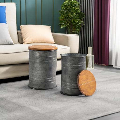 Glitzhome Rustic End Table Set of 2, Farmhouse Galvanized Metal Barrel Ottoman Storage Stool with Round Wood Lid for Living Room Furniture, Grey Glitzhome